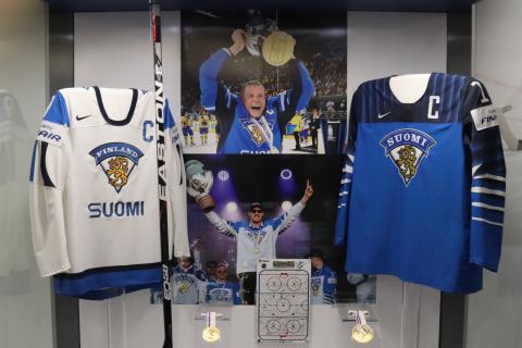 Ice hockey jerseys, photos and medals on display at Finland Hockey Hall of Fame.