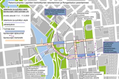 Lapintien kiertoliittymän ja Rongankadun työmaan liikennejärjestelyt kartalla 1. vaiheessa.