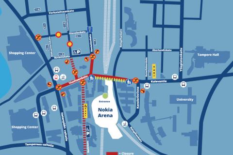 A map about the street closures during the 2023 IIHF World Championship