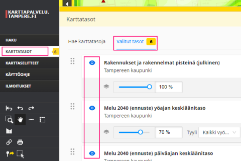 Karttatasojen näkyvyyden hallinta tapahtuu silmä-kuvakkeesta.