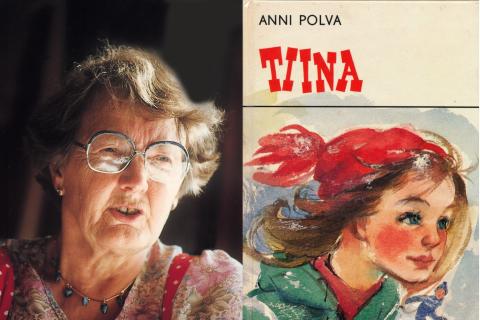 Kirjailija Anni Polva ja hänen ensimmäisen Tiina-kirjansa kansi.