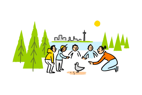 Piirroskuvassa eri-ikäisiä ihmisiä kokoontunut tarkkailemaan lintua metsäisessä maastossa, taustalla näkyy Näsinneula.