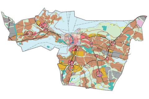 Kaavakartalla esitettynä kantakaupungin maankäyttöalueet ja liikennejärjestelmä.