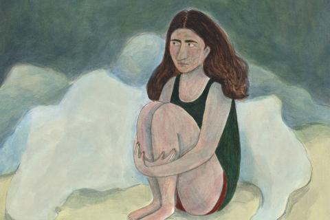 Naishahmo istuu lattialla ja on kietonut kätensä sääriensä ympärille. Naisella on pitkät, ruskeat hiukset ja vihreä alusasu päällä.
