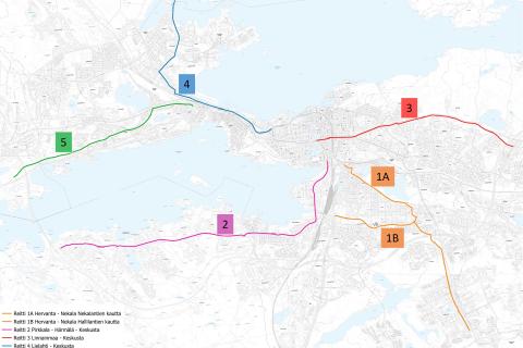 Pyöräilyagenttien 2023-2024 tarkasteltavat reitit kartalla