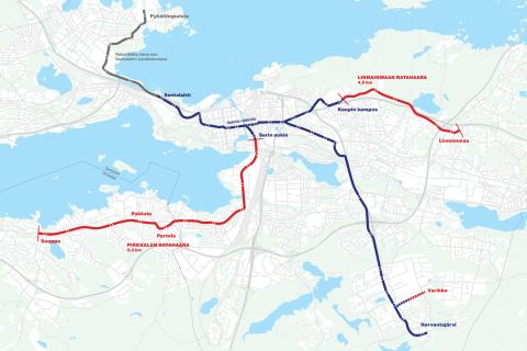 Pirkkala-Linnainmaan raitiotielinja ja suunnitellut pysäkit kartalla
