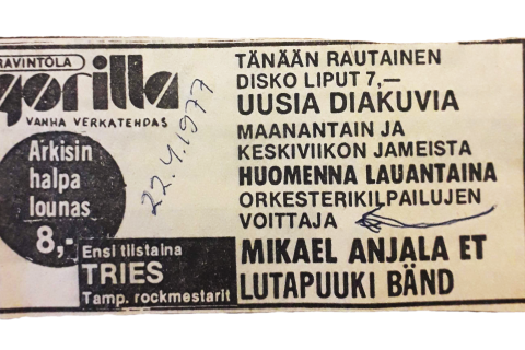 Ravintola Gorillan mainos paikallislehti Tamperelaisessa 22.4.1977.