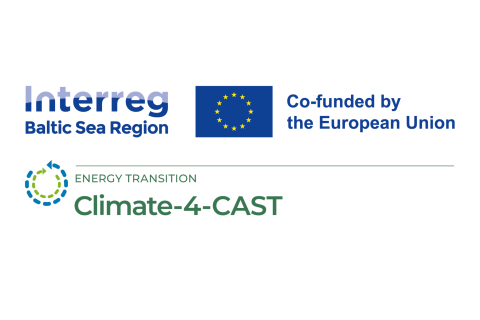 Logossa on sinisellä tekstit Interreg Baltic Sea Region ja Co-funded by the European Union, EU:n lippu sekä vihreällä tekstillä Energy transition ja Climate-4-CAST