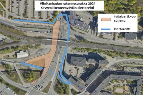 Viinikankadun itäreunan kävelyn ja pyöräilyn kiertoreitti kartalla.