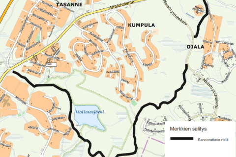 Atala-Ojalan kunnostettava kunto- ja latureitti kartalla.