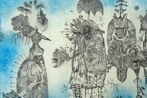 Grafiikan teoksessa sinistä taustaa vasten on mustalla viivalla kuvattuja eläinhahmoja.