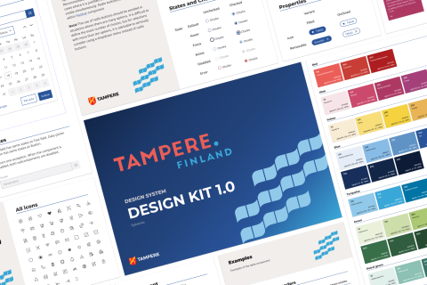 Kuvassa muotoilujärjestelmän elementtejä, kuten brändivärejä, ikoneita, kalenteritoiminto ja erilaisia painikkeita. 