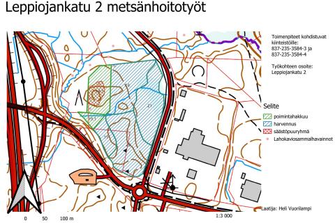 Leppiojankadun eteläpuolisen alueen metsänhoitotyöt kartalla.