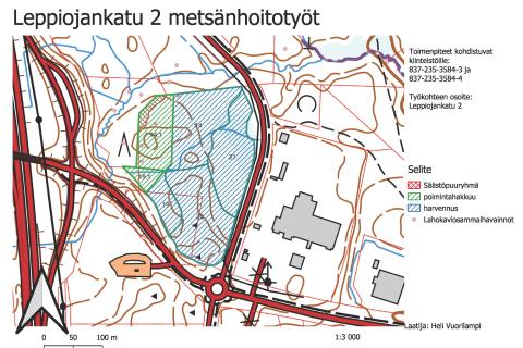 Leppiojankadun eteläpuolisen alueen metsänhoitotyöt kartalla.