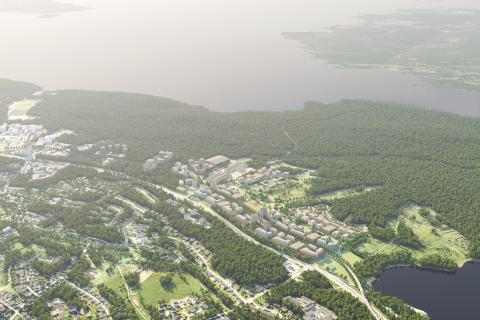 Havainnekuva rakennusmassoista Kaupinlaakson suunnitelman mukaisesti ilmaperspektiivissä.