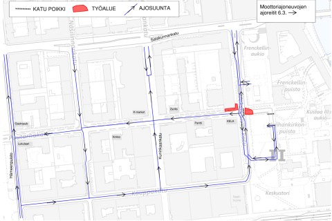Traffic arrangements on Puutarhakatu and Aleksis Kiven katu in March 2026 on the map.