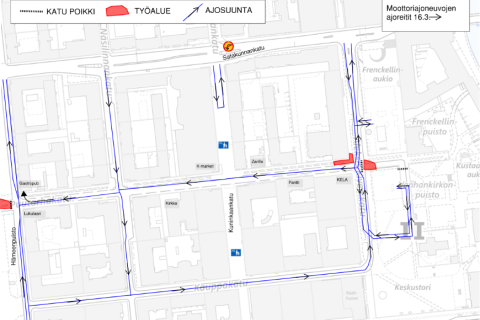 Traffic arrangements on Puutarhakatu starting March 16, 2025, on the map.