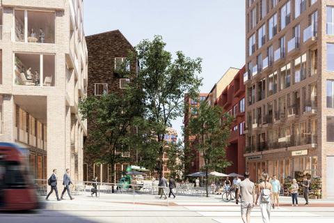 Havainnekuvassa esitetty rakennuksia, jotka olisivat toteutettavissa alueelle asemakaavaluonnoksen mukaisesti.