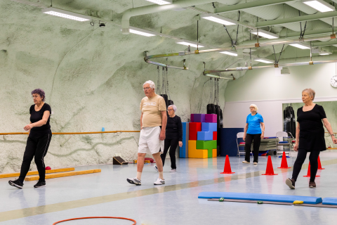 A group of seniors in a bright gym doing gymnastics.