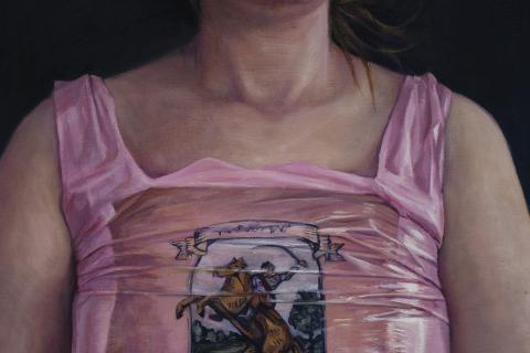 Detail from the painting, a woman in a tight top.