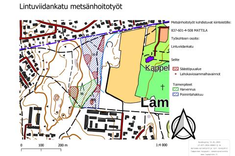 Kartassa esitetty metsänhoitotyömaan alueet ja siellä tetävät hoitotoimenpiteet.