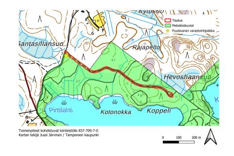Karttaan merkattu Pirttijärven metsätie.