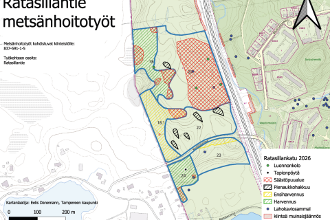 Ratasillantien metsänhoitotyöt kartalle merkittyinä.
