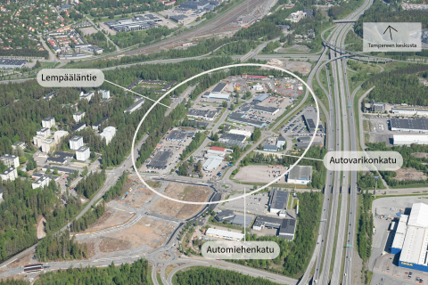 Ilmakuvassa Lakalaivassa Lempääläntiehen, Automiehenkatuun ja Autovarikonkatuun rajautuva alue.