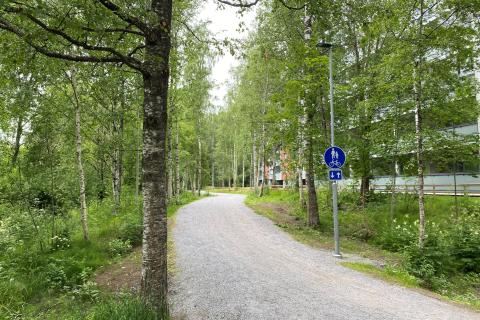 Uusi pyöräily- ja kävelytie Härmälässä kuvattuna kesällä.