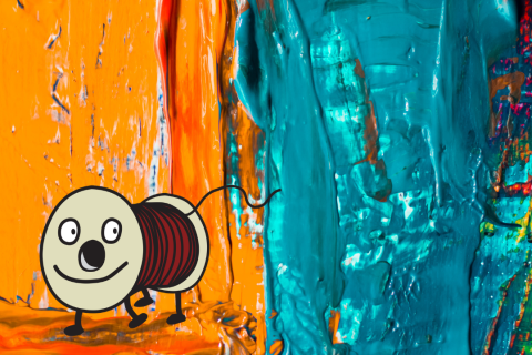 A painting in orange and teal, featuring a drawn caracter Rulla walking from right to left.