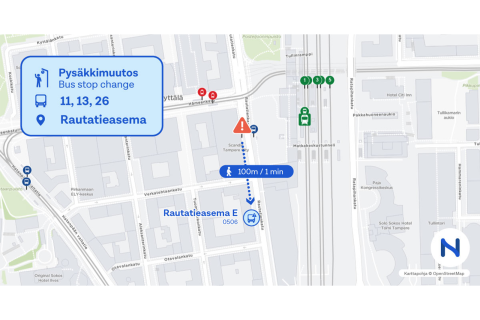 Havainnekuva bussipysäkki Rautatieasema E 0506-väliaikaisesta sijainnista Verkatehtaankadun ja Otavalankadun väliseen kortteliin.