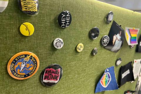 Fabric patches on the sofa.