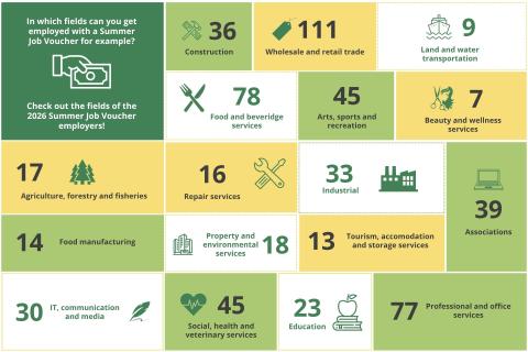 Fields of employment available with a Summer Job Voucher are presented in a grid format, showing various sectors and corresponding numbers.