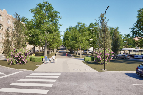 Hämeenpuiston eteläkärjen havainnekuva, jossa kevyen liikenteen väylät jatkuvat suoraan Eteläpuistoon.
