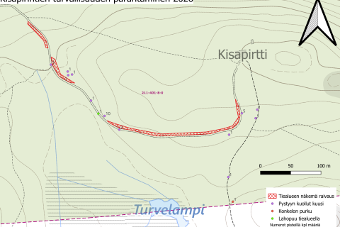 Karttakuvaan on merkitty kohdat Kisapirtintien varrelta kohdista joissa töitä tehdään.