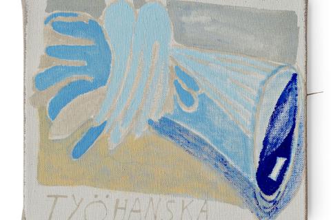 Kaksi sinistä työhanskaa lomittain maalauksessa.