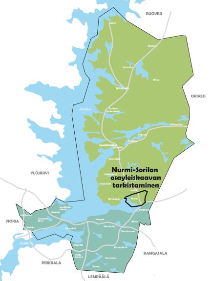 Osayleiskaavan tarkistaminen koskee Nurmin aluetta. Alue rajautuu pohjoisessa Sorilanjokeen, lännessä Niihamanselkään ja etelässä valtatiehen 9.