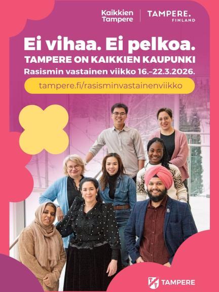 Rasismin vastaisen viikon julisteessa on 8 hymyilevää, eri kulttuuritaustoista olevaa ihmistä.