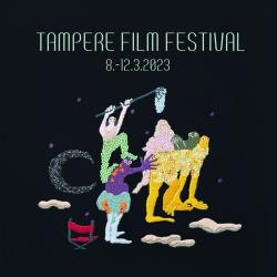Kirjottuja eri värisiä hahmoja mustalla taustalla, Tampere Film Festivalsin mainos.