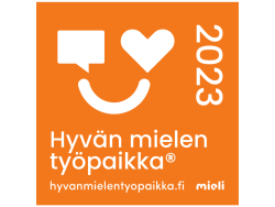 Hyvän mielen työpaikka 2023 -logo; hyvanmielentyopaikka.fi, mieli.