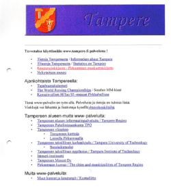Tampere.fi-verkkosivujen etusivu vuodelta 1995.