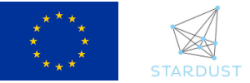 EU:n lippu ja STARDUSTin logo, jossa sinisiä pisteitä on yhdistetty viivoilla