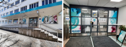 Two pictures. The first one shows the entrance on Hammareninkatu with large Ohjaamo decals. The second picture displays the lobby area, which has a door to Ohjaamo. There are also large and colorful Ohjaamo decals present.